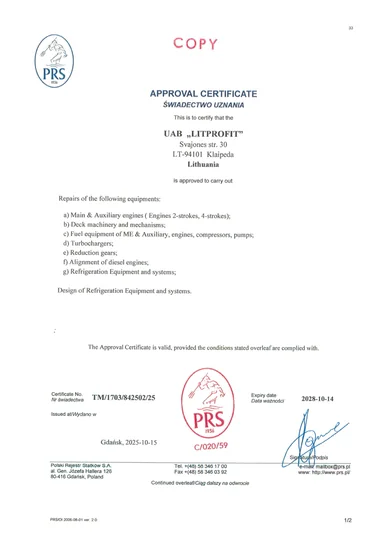 First page of the PRS certificate