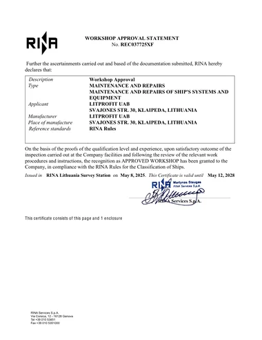 First page of the RINA certificate