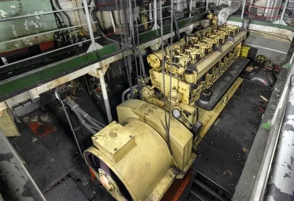 Marine diesel engine in a ship's engine room
