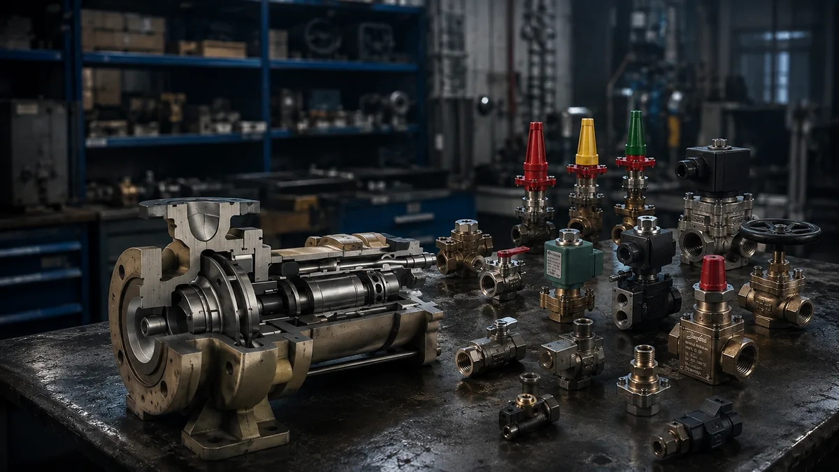 A refrigerant pump sectioned on the bench, with shut-off, solenoid and regulating valves laid out beside it