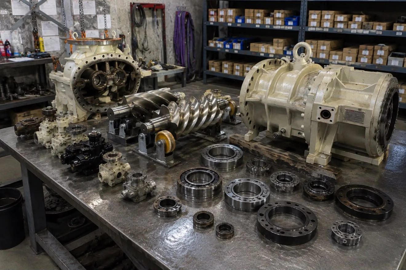 A screw compressor stripped for overhaul, rotor set and bearings laid out on the bench