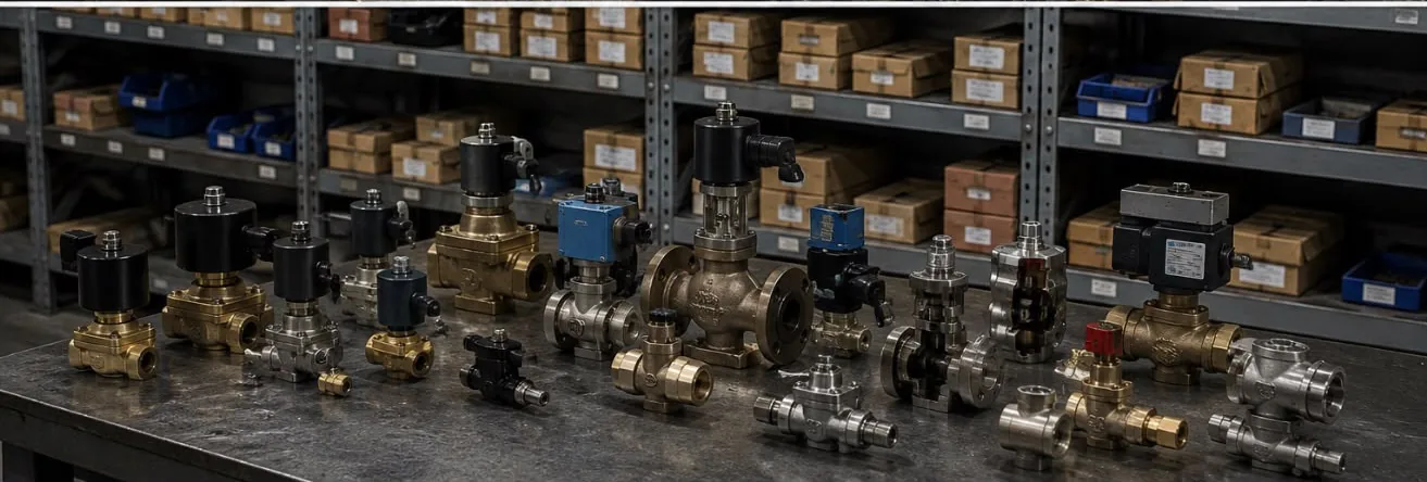 Stop, solenoid and regulating valves held in stock